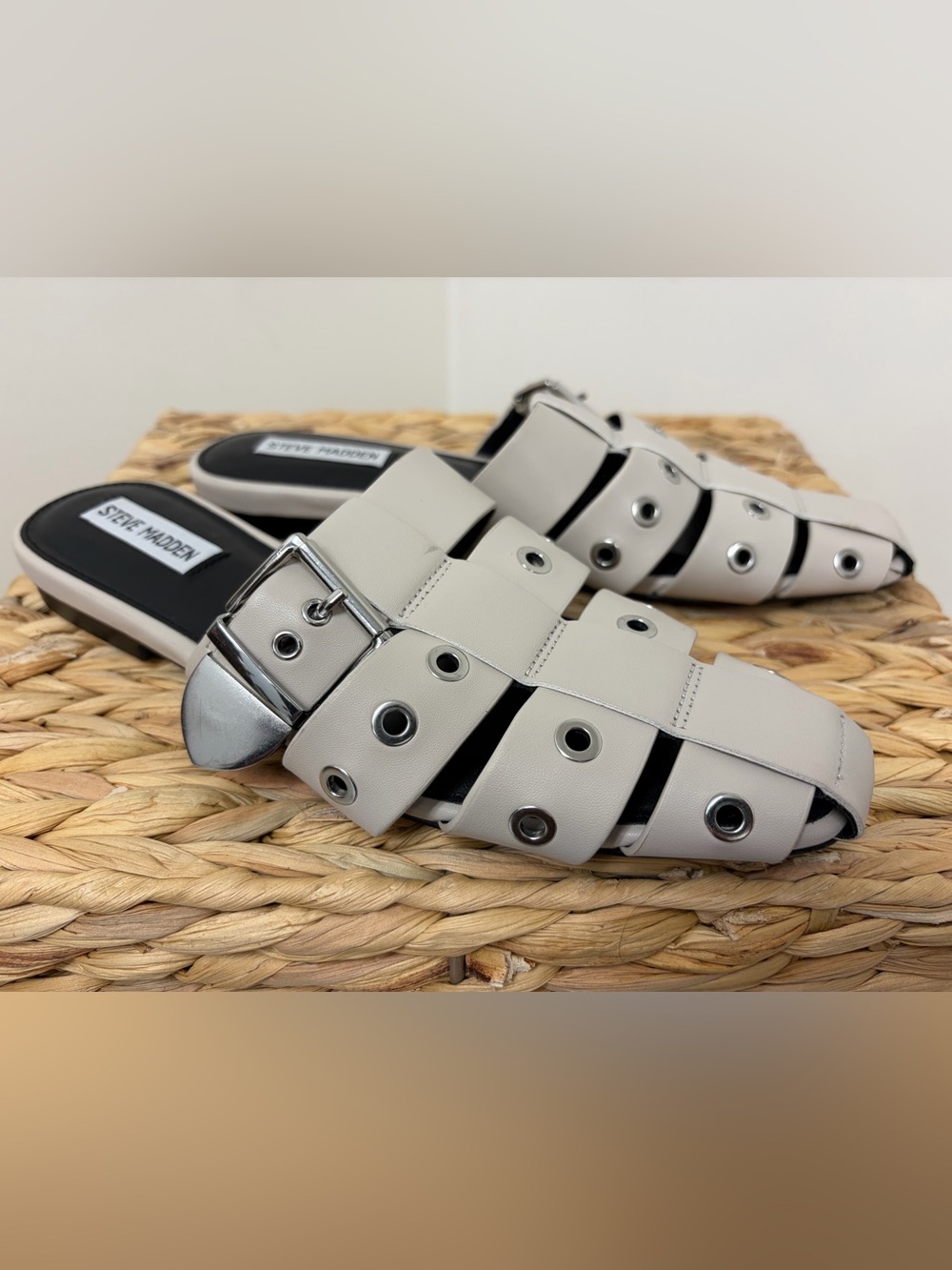 Steve Madden Off-White Grommet Slide Mules with Buckle